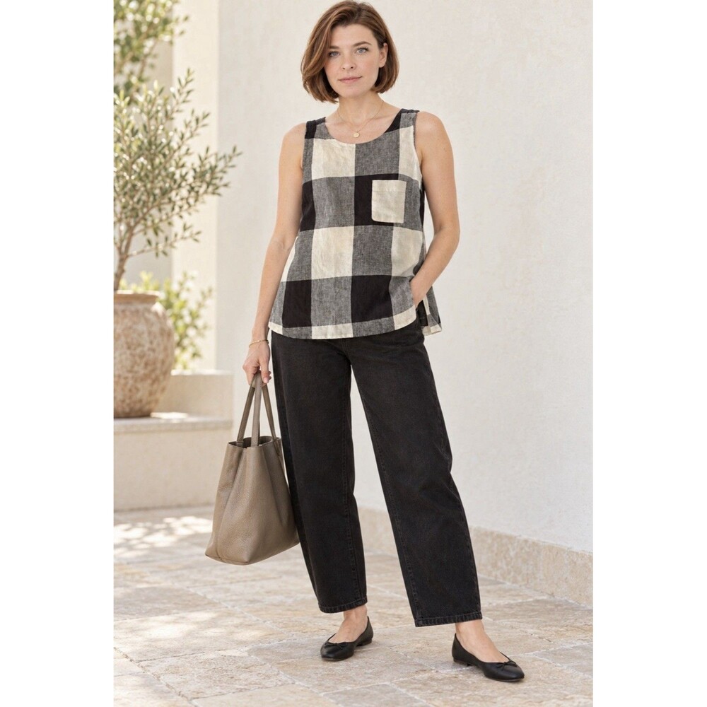 Toast sz. 6 Small 100% Flax Linen Designer Checkered Sleeveless Top Black Ecru
